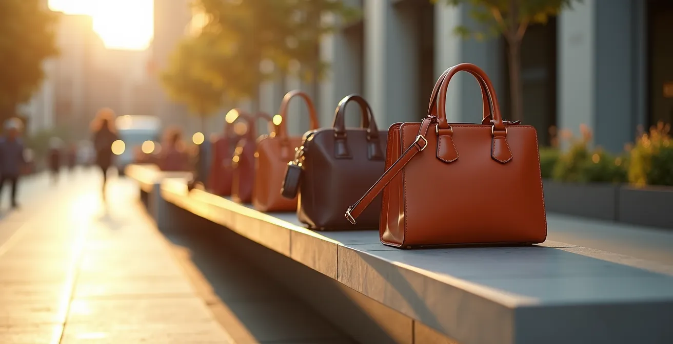 Verschiedene Handtaschen stilvoll arrangiert vor urbanem Hintergrund