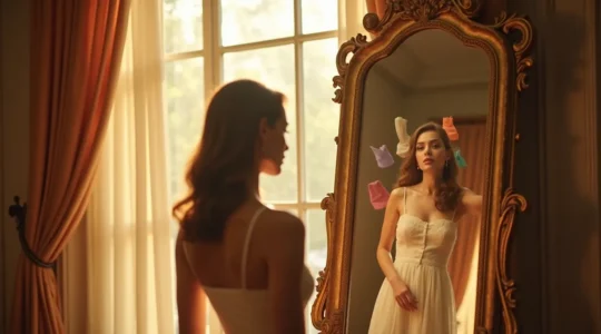 Eine elegante Frau betrachtet sich nachdenklich im Spiegel, wobei verschiedene Stilelemente um sie herum schweben