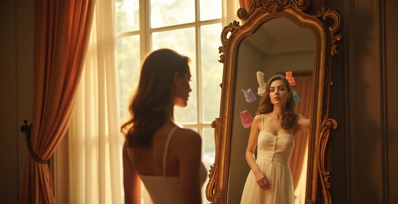 Eine elegante Frau betrachtet sich nachdenklich im Spiegel, wobei verschiedene Stilelemente um sie herum schweben