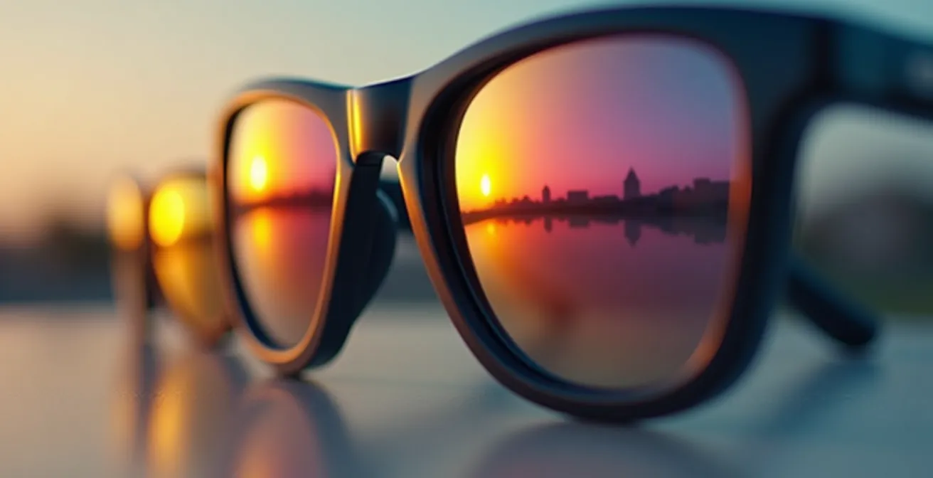 Nahaufnahme von drei verschiedenen Brillengläsern (polarisiert, verspiegelt, Verlauf) zur Veranschaulichung ihrer Eigenschaften