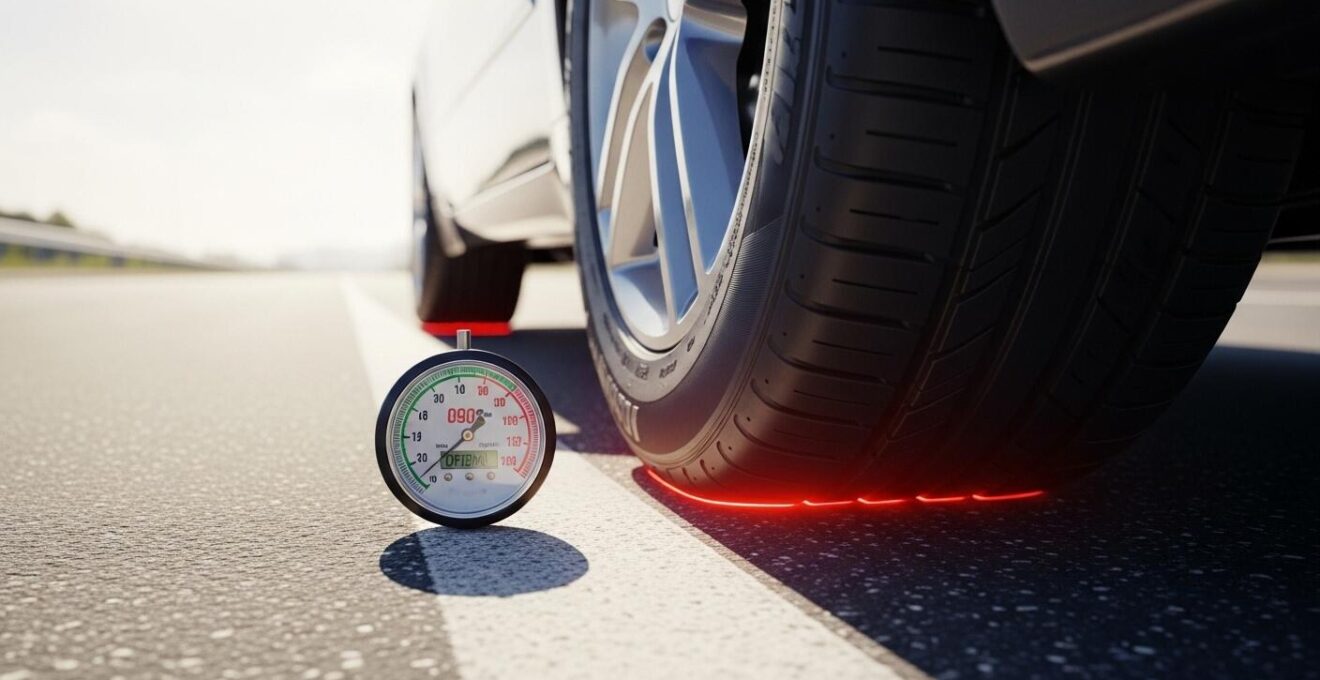Auto-Reifen mit sichtbarem Reifendruck-Manometer und erhitztem Reifenprofil bei sommerlicher Straße