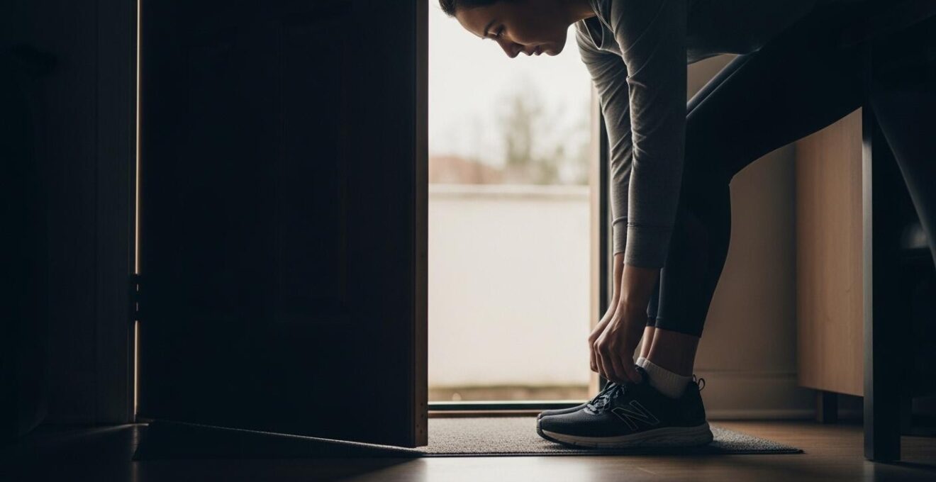 Eine Person in Sportkleidung atmet tief ein, bevor sie ihre Laufschuhe zubindet, was den bewussten Start einer gesunden Routine symbolisiert.