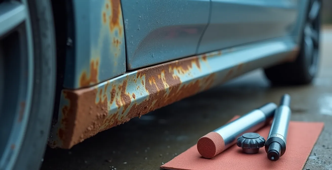 Nahaufnahme eines Autopanels mit beginnenden Rostschäden und Reparaturwerkzeugen zur frühzeitigen Behandlung