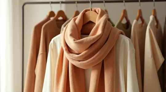 Ein eleganter Schal in warmen Tönen wird kunstvoll um einen Holz-Kleiderbügel drapiert, mit verschiedenen Bindetechniken und Styling-Elementen im Hintergrund
