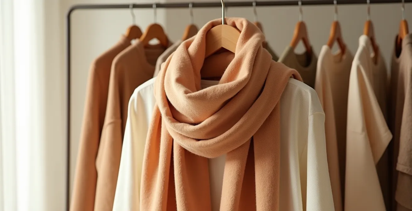 Ein eleganter Schal in warmen Tönen wird kunstvoll um einen Holz-Kleiderbügel drapiert, mit verschiedenen Bindetechniken und Styling-Elementen im Hintergrund