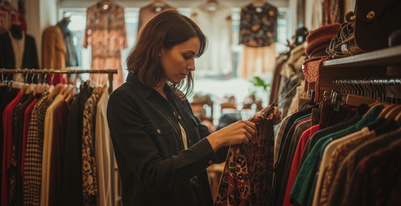 Frau, die in einem charmanten Second-Hand-Laden Vintage Kleidungsstücke durchstöbert