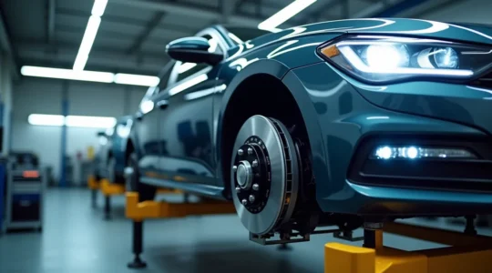 Ein Auto bei einer Sicherheitskontrolle mit Fokus auf Bremsscheiben und Scheinwerfer in einer Werkstatt