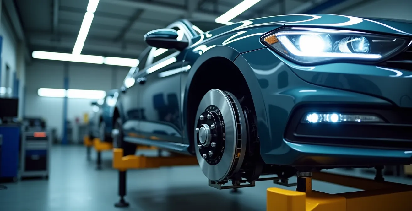 Ein Auto bei einer Sicherheitskontrolle mit Fokus auf Bremsscheiben und Scheinwerfer in einer Werkstatt