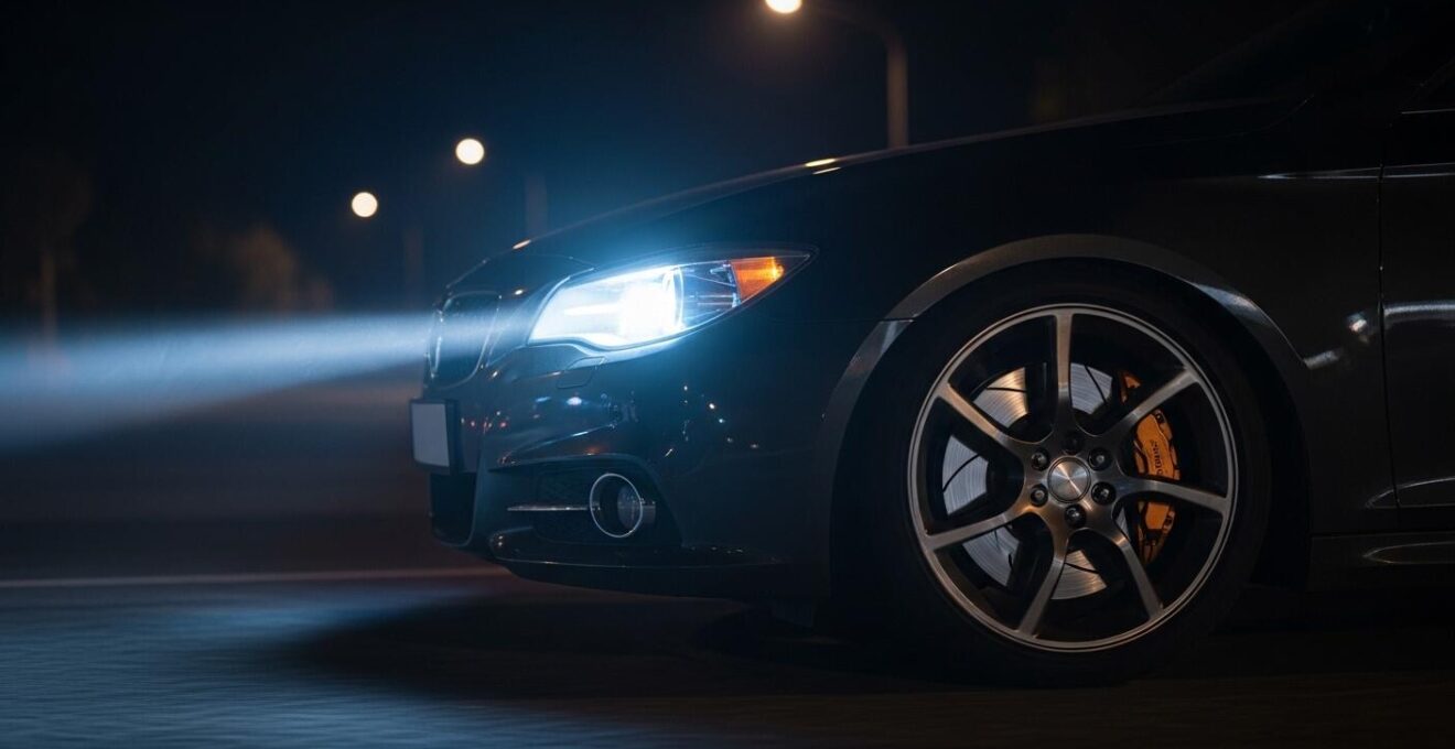 Ein Auto in der Nacht auf der Straße mit hervorgehobenen Bremsen und Scheinwerfern als Symbol für Sicherheitsprüfung