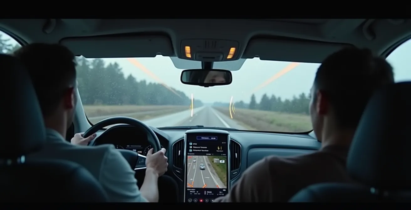 Detaillierte Darstellung eines Fahrzeugs, das von Sensor-Fehlfunktionen betroffen ist, kombiniert mit einer symbolischen Illustration des Handover-Problems zwischen Fahrzeug und Fahrer