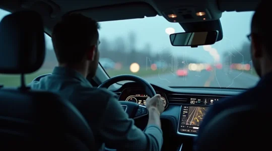 Symbolische Darstellung eines Fahrers, der aufmerksam ein Fahrzeug mit verschiedenen Assistenzsystemen bedient, umgeben von digitalen Interface-Elementen und Sensoren