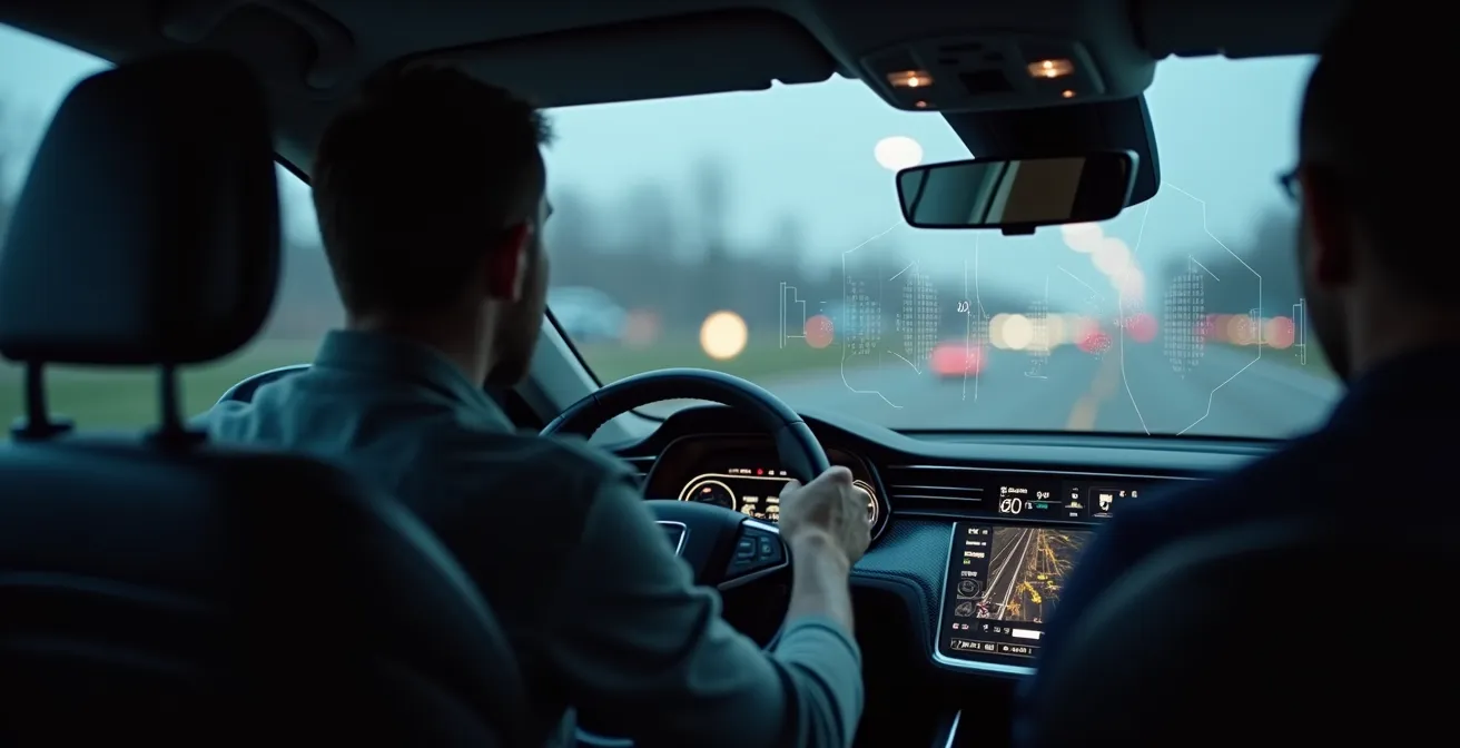 Symbolische Darstellung eines Fahrers, der aufmerksam ein Fahrzeug mit verschiedenen Assistenzsystemen bedient, umgeben von digitalen Interface-Elementen und Sensoren