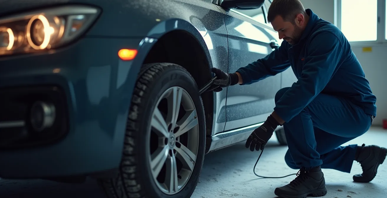 Symbolische Darstellung eines Fahrzeug-Sicherheitschecks mit Fokus auf Bremsen und Lichtsysteme bei winterlichen Straßenbedingungen