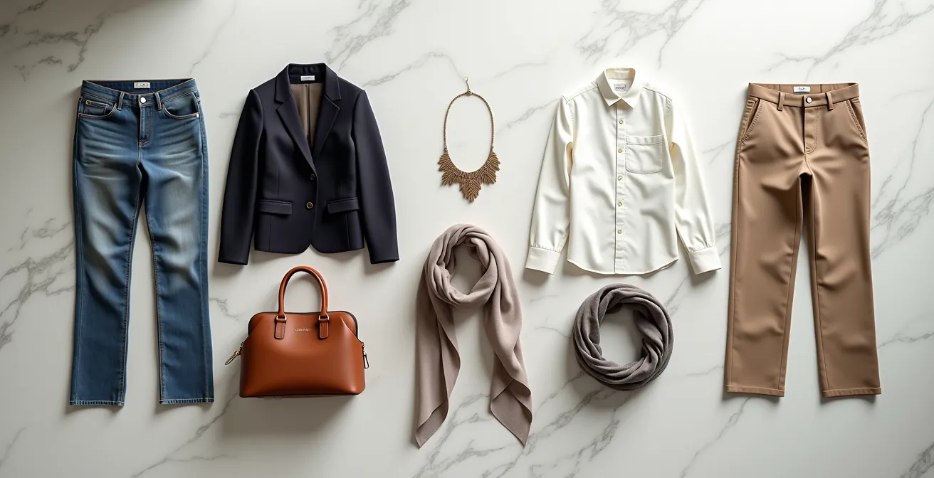Eine sorgfältig arrangierte Auswahl von sieben ikonischen Kleidungsstücken, die als Bausteine des persönlichen Stils dargestellt sind