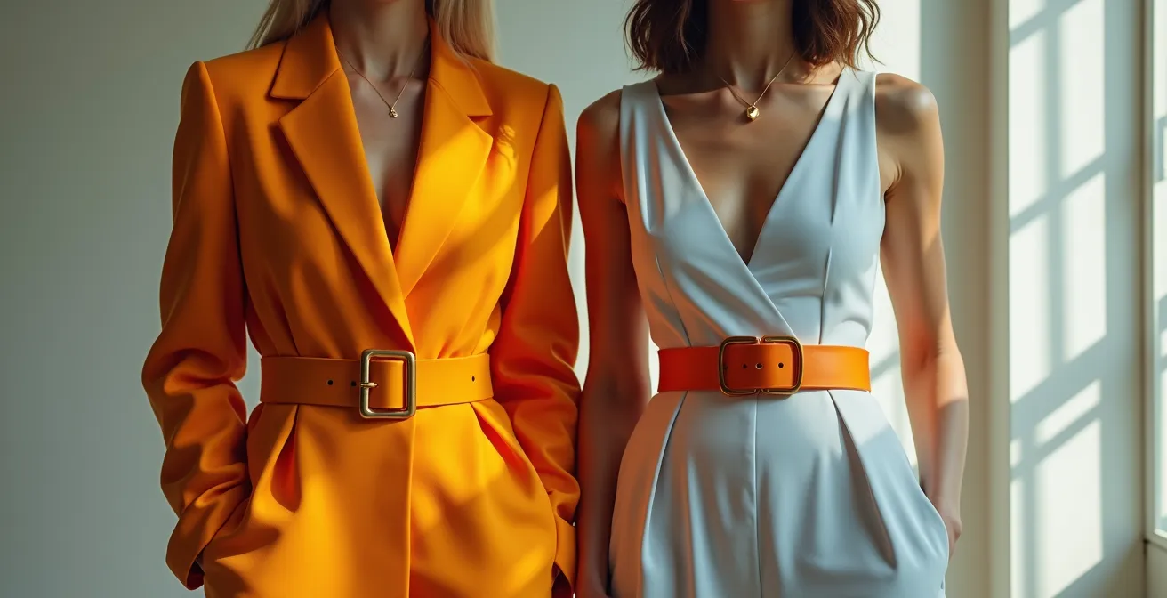 Gürtelbetonung auf verschiedenen Silhouetten – Oversize und figurnah im modischen Vergleich.