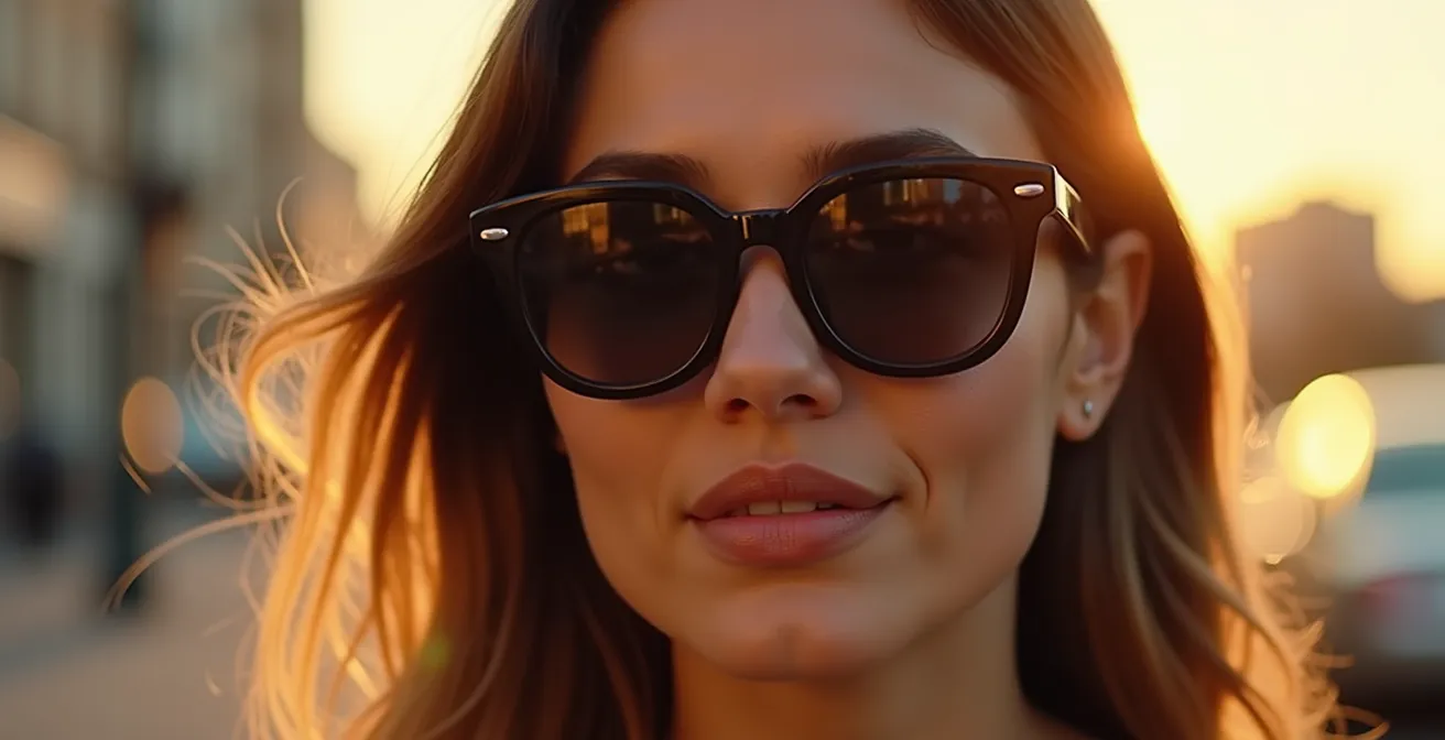 Eine stilvolle Person, die eine ausdrucksstarke Sonnenbrille trägt, die perfekt auf ihr Gesicht und ihre Persönlichkeit abgestimmt ist