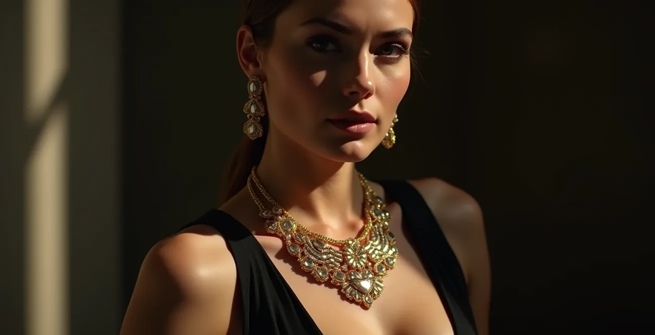 Eine elegante Frau trägt ein schlichtes schwarzes Kleid mit einer auffälligen goldenen Statement-Halskette als Fokuspunkt