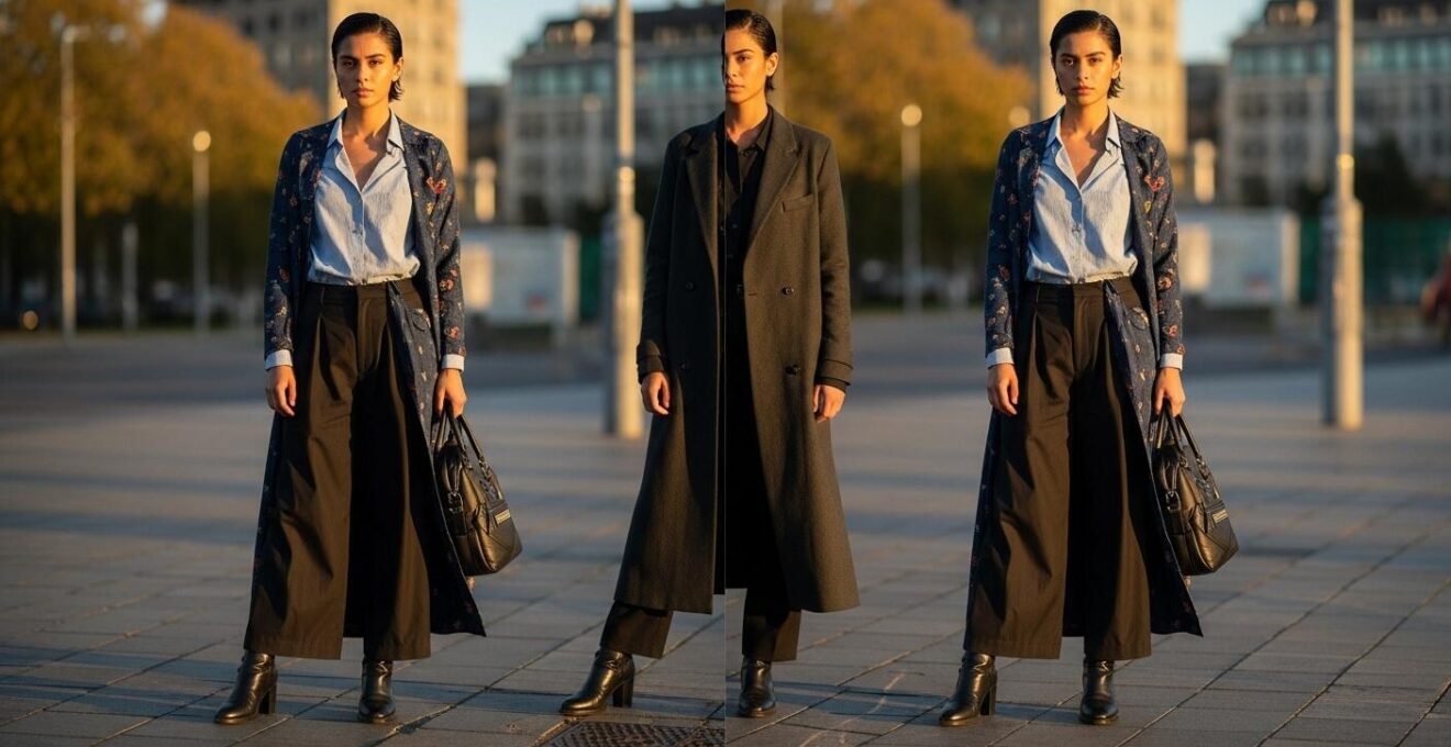 Symbolische Darstellung einer Person, die durch verschiedene stilvolle Outfits ihre Persönlichkeit und Botschaft ausdrückt