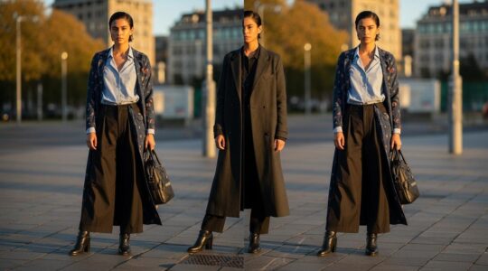 Symbolische Darstellung einer Person, die durch verschiedene stilvolle Outfits ihre Persönlichkeit und Botschaft ausdrückt
