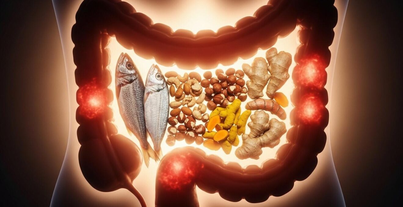 Visuelle Darstellung der Darmbarriere mit entzündungshemmenden Nährstoffen und Omega-3-Lebensmitteln