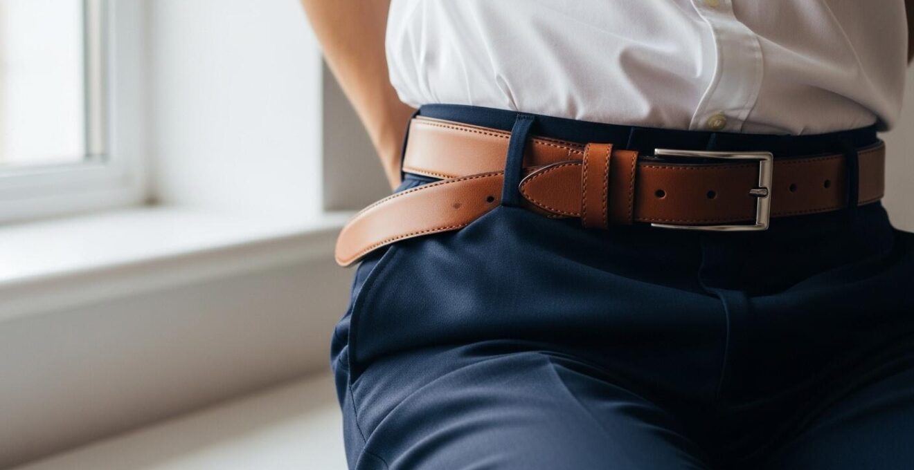 Ein stilvoller Ledergürtel, der elegant um die Taille eines modisch gekleideten Menschen liegt, der den Stil und die Funktionalität des Gürtels betont.