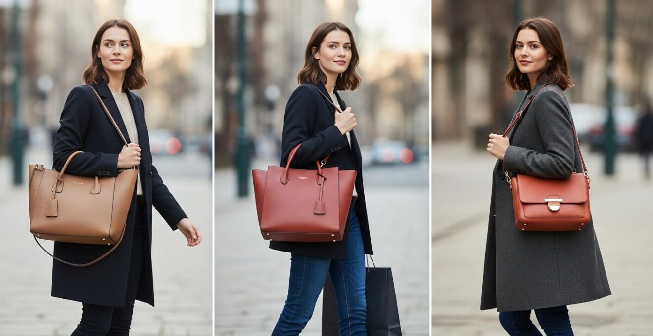 Frau, die verschiedene Handtaschen in einem urbanen Alltagsszenario trägt, symbolisiert Auswahl und Stil