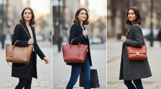 Frau, die verschiedene Handtaschen in einem urbanen Alltagsszenario trägt, symbolisiert Auswahl und Stil