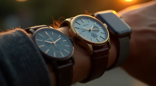 Verschiedene Uhrentypen und Armbänder in stilvoller Anordnung auf einem Handgelenk