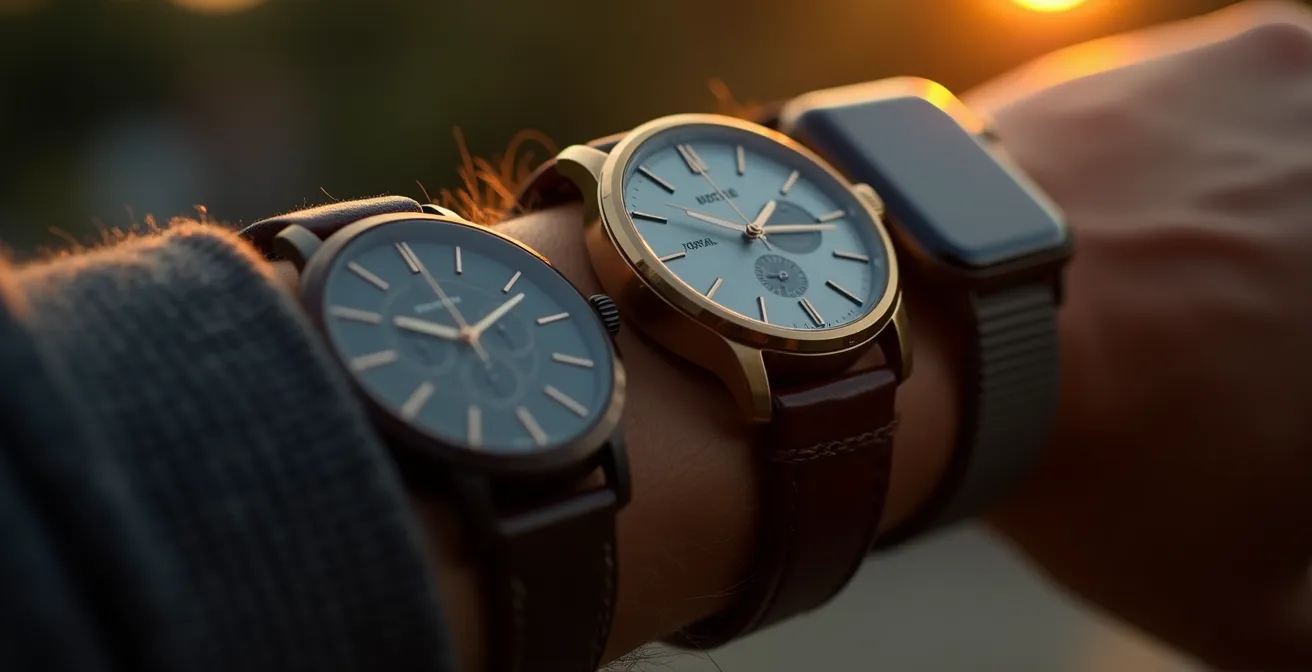 Verschiedene Uhrentypen und Armbänder in stilvoller Anordnung auf einem Handgelenk