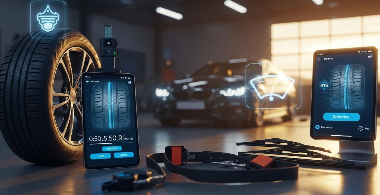 Autosicherheitscheck mit Reifen, digitaler Profiltiefenmessung und Sicherheitsausrüstung in moderner Werkstatt