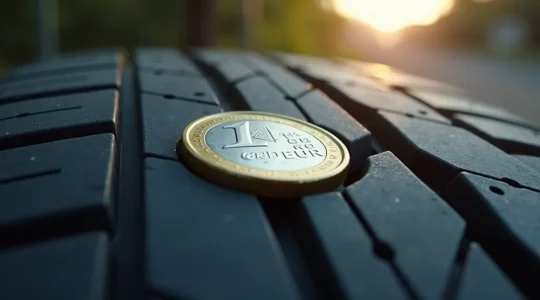 Nahaufnahme eines Autoreifens mit deutlich sichtbarem Profil, daneben eine 1-Euro-Münze als Größenindikator für die Profiltiefe