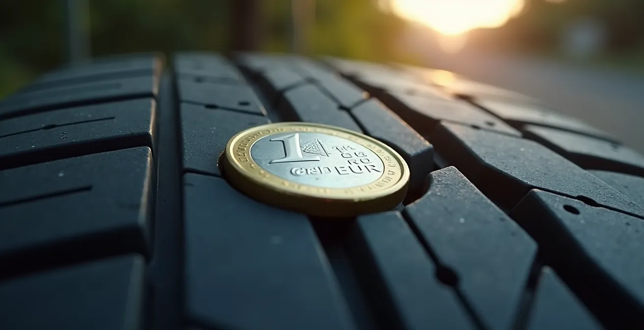 Nahaufnahme eines Autoreifens mit deutlich sichtbarem Profil, daneben eine 1-Euro-Münze als Größenindikator für die Profiltiefe