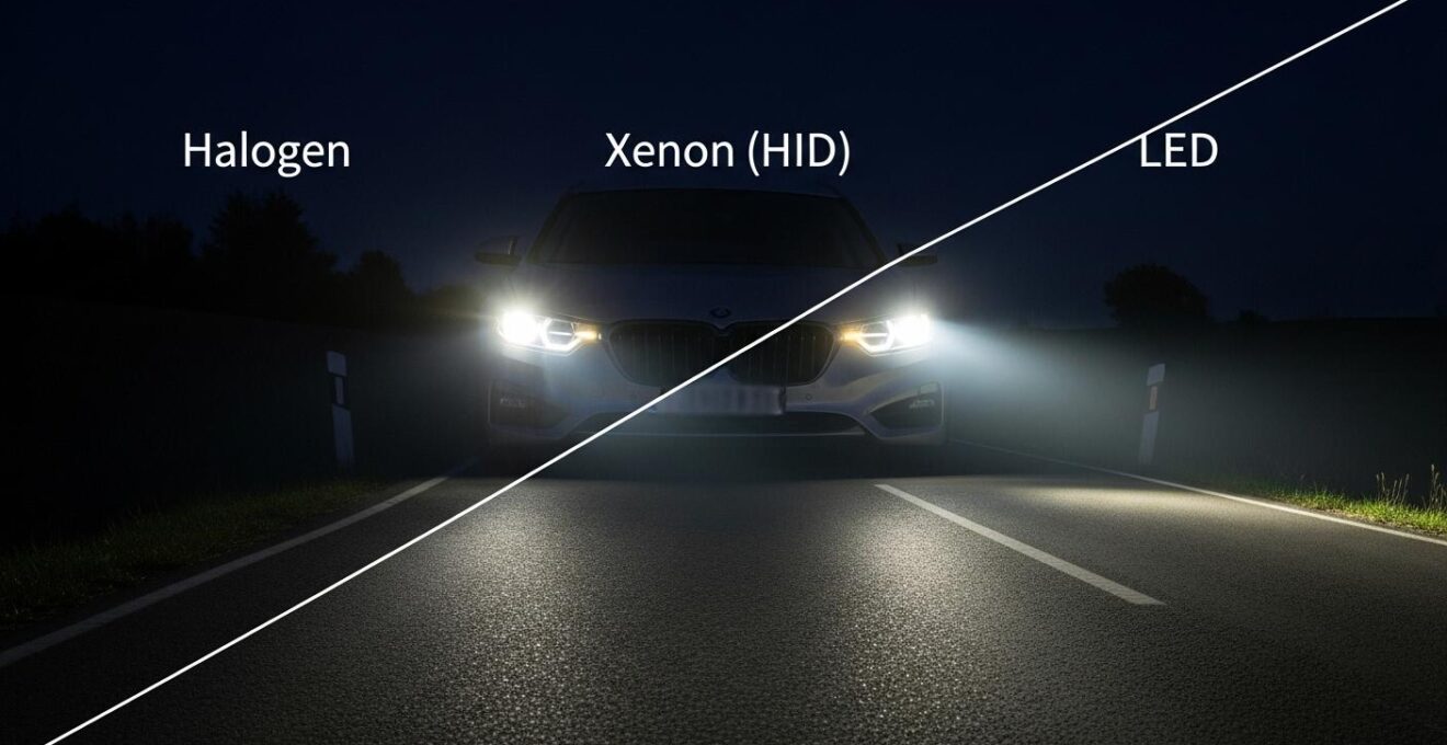 Vergleich von Halogen-, Xenon- und LED-Scheinwerfern bei Nacht mit unterschiedlicher Lichtausbeute und Farbwiedergabe