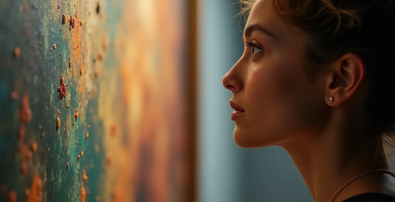 Nahaufnahme eines Museumsbesuchers, der intensiv Details eines Kunstwerks studiert