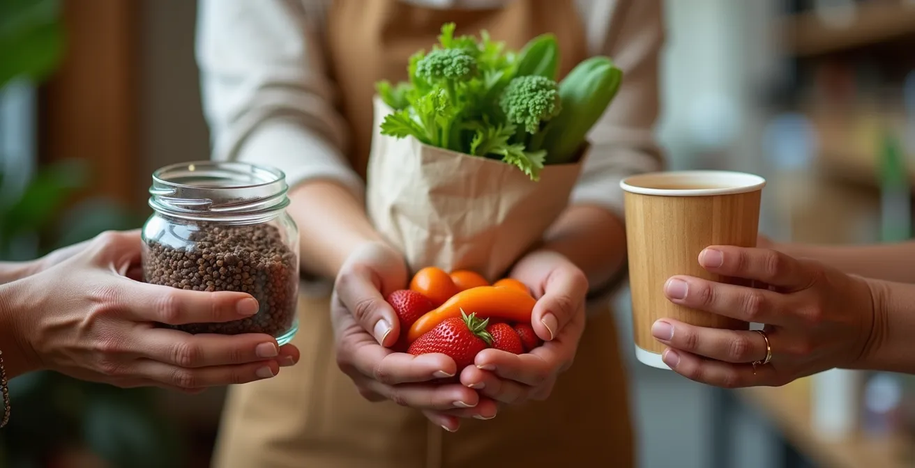 Hände halten verschiedene nachhaltige Produkte vor unscharfem Markthintergrund