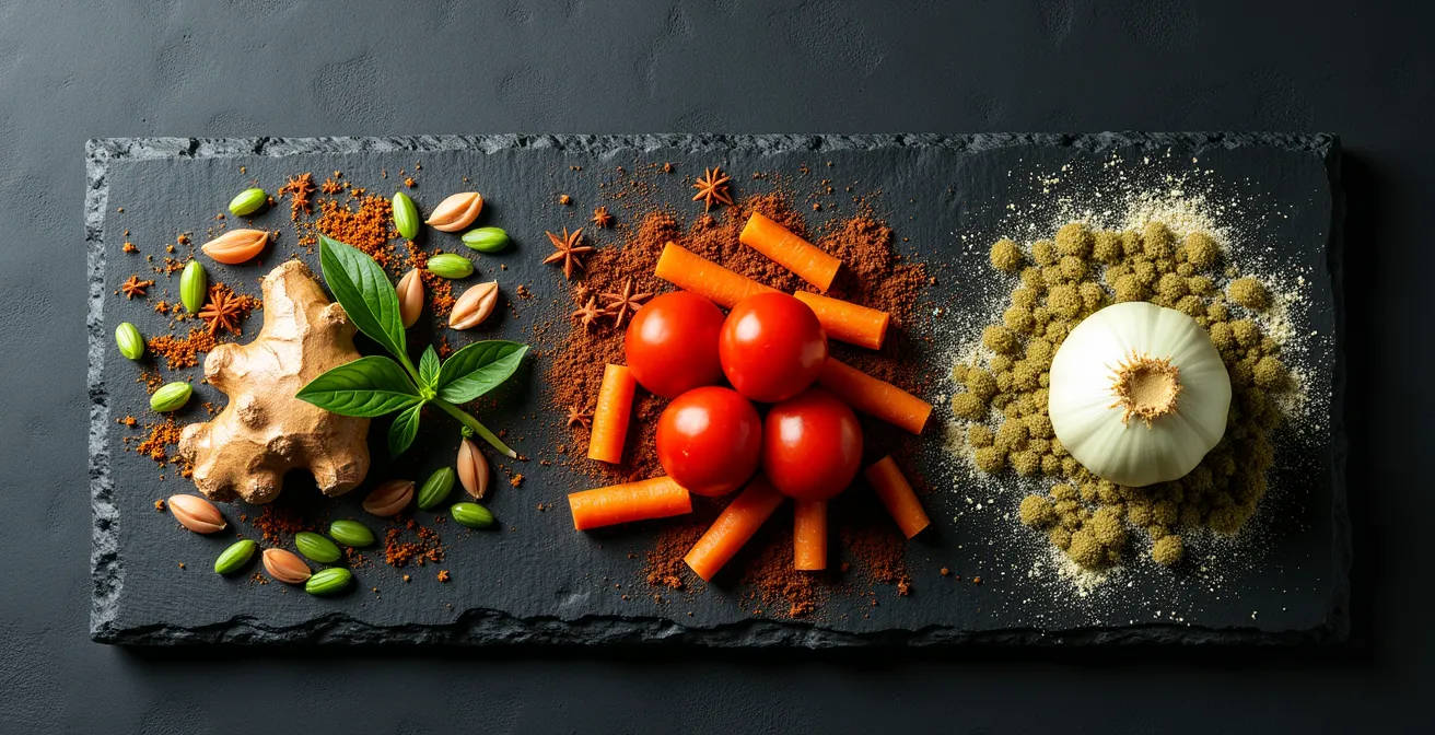 Visuelle DNA-Karte mit zentralen Gewürz-Trios verschiedener Länderküchen