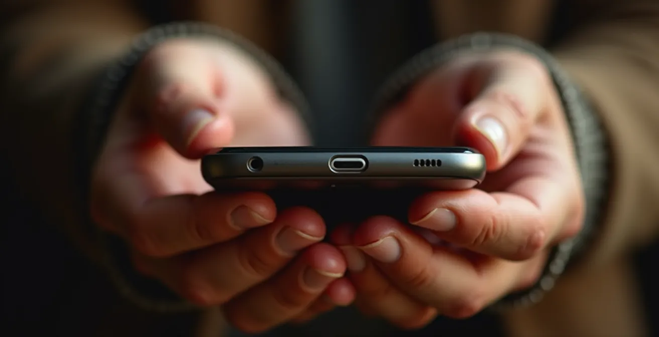 Nahaufnahme von Händen, die ein Smartphone mit verschwommenem Hintergrund halten