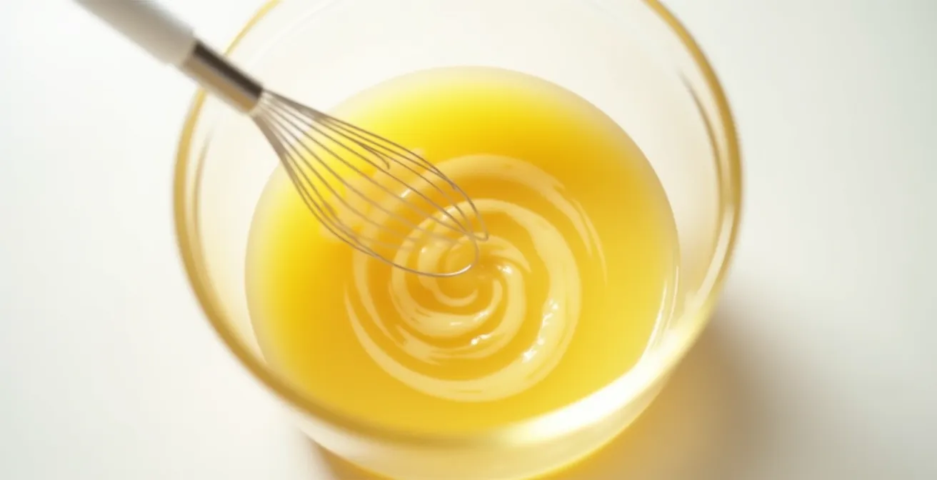 Detailaufnahme der Herstellung einer Mayonnaise mit sichtbarem Ölstrahl und cremiger Emulsion