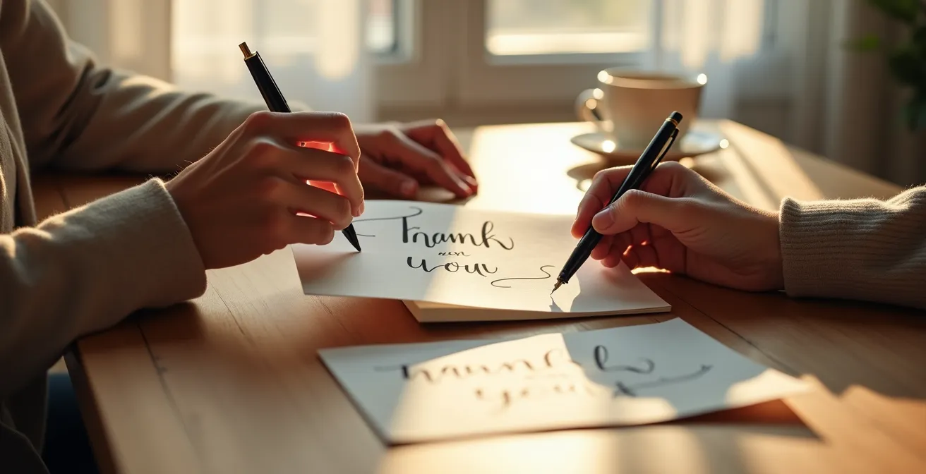 Nahaufnahme von Händen beim Austausch handgeschriebener Notizen in warmem Licht, als Symbol für persönliche Kundenbeziehungen