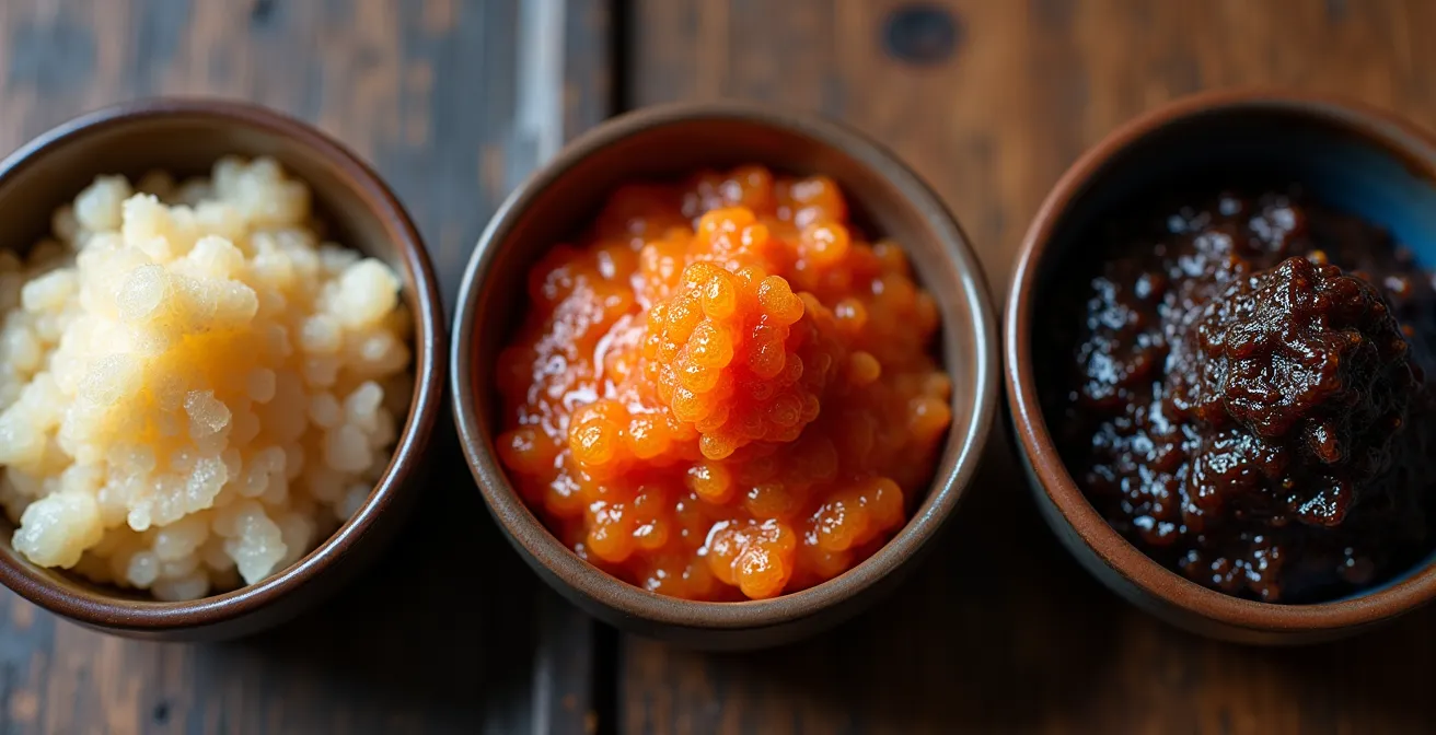 Makroaufnahme verschiedener Fermentationsstadien von Miso und Gochujang