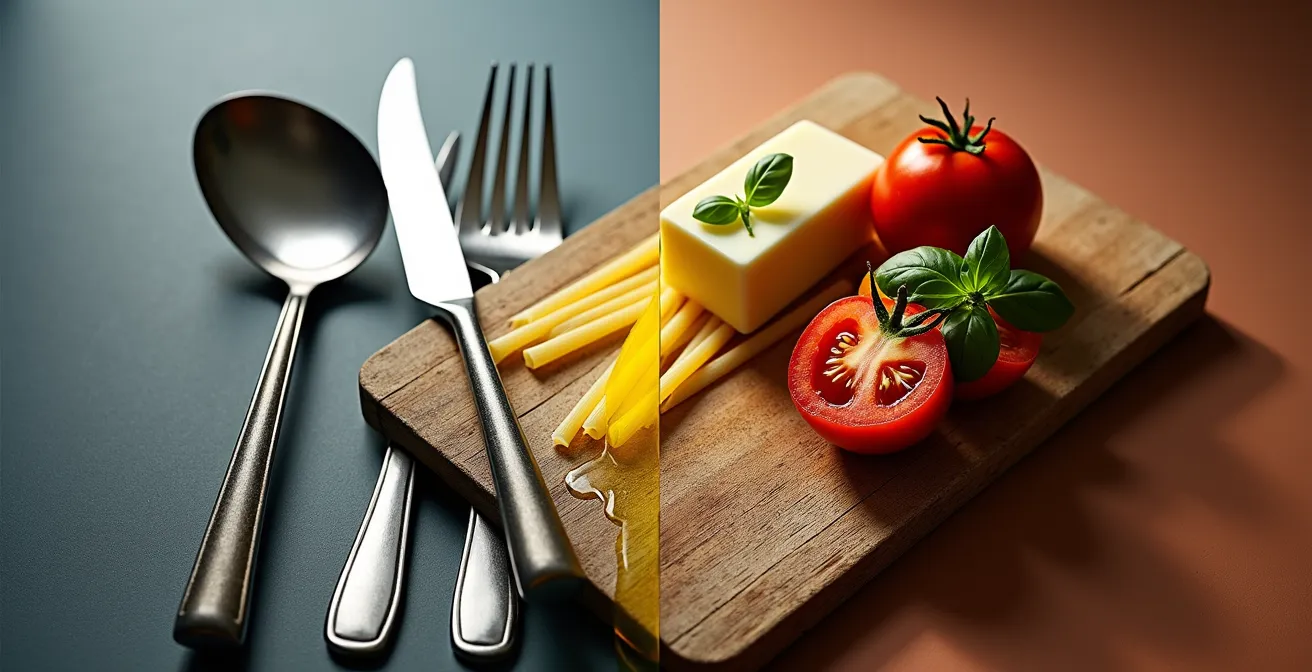 Gegenüberstellung französischer und italienischer Kochtechniken durch symbolische Darstellung