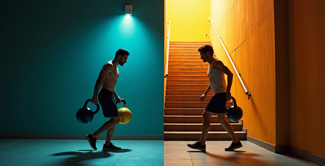 Eine Person führt eine funktionelle Übung im Fitnessstudio durch, die sich nahtlos in eine Alltagsbewegung wie das Tragen von Einkäufen überträgt.