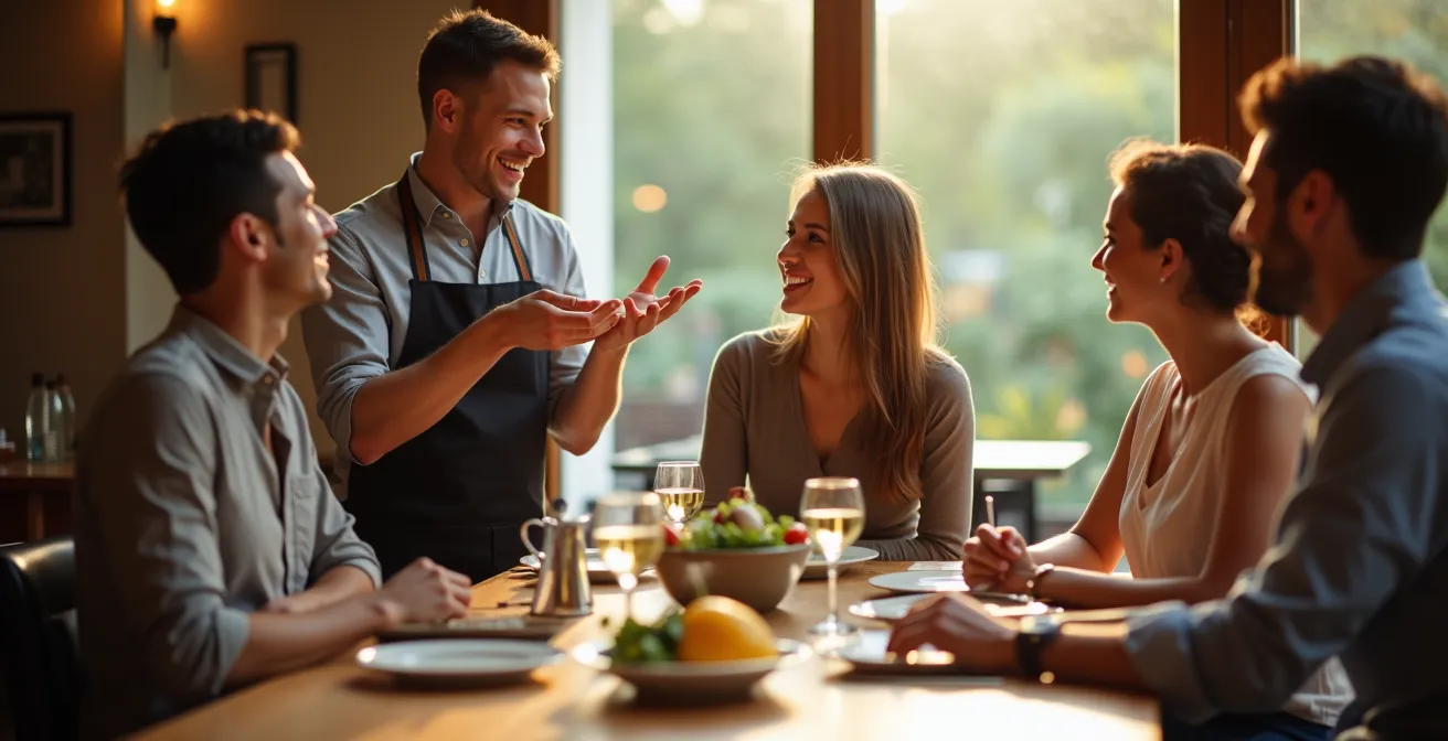 Gäste im Dialog mit Servicepersonal über nachhaltige Praktiken im Restaurant