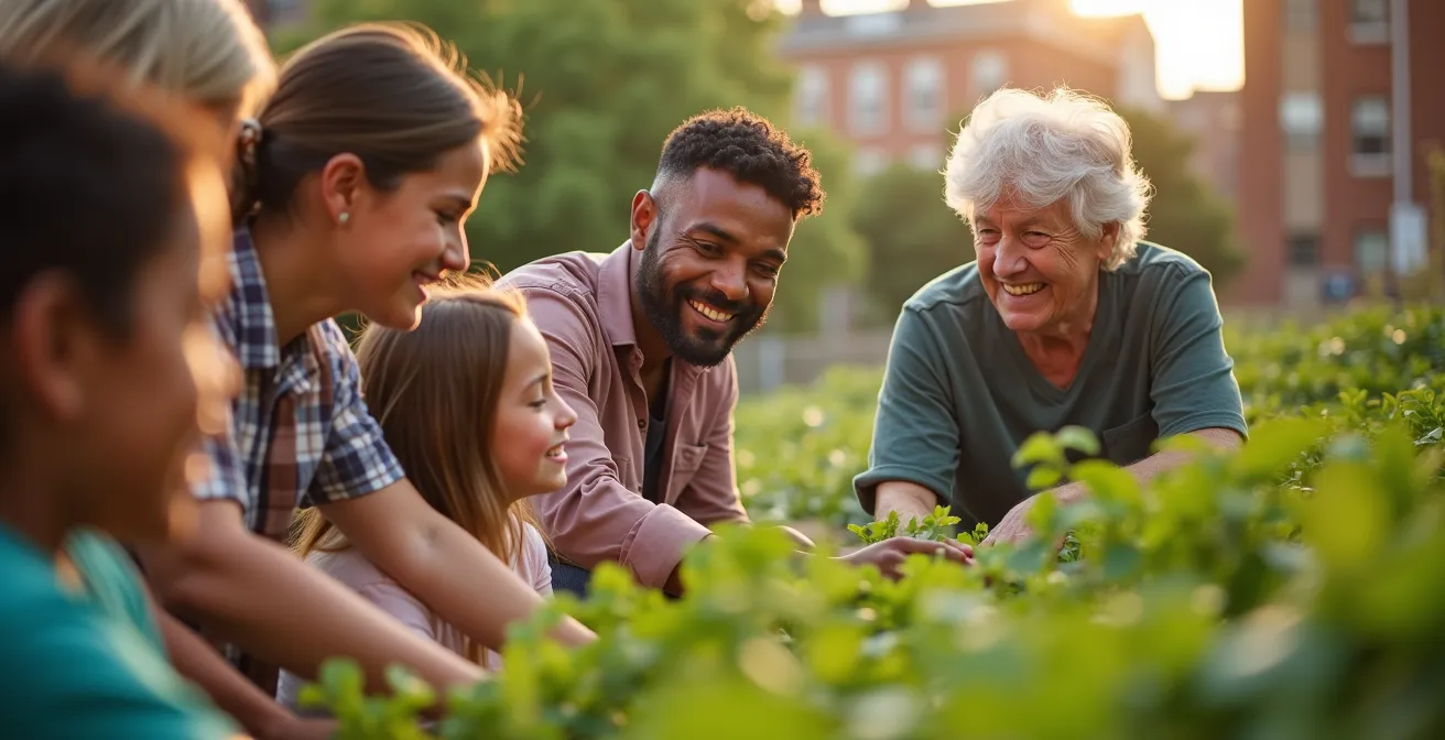 Menschen verschiedenen Alters arbeiten gemeinsam in einem urbanen Gemeinschaftsgarten