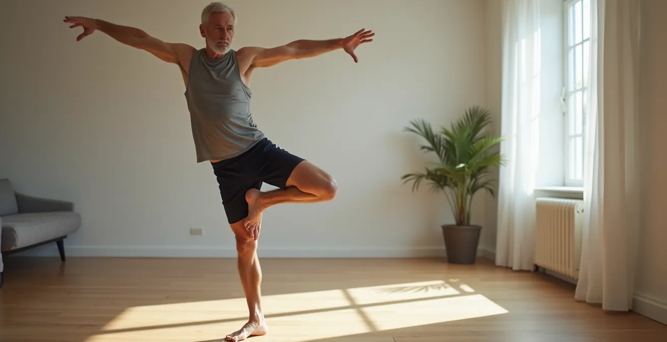 Person führt funktionellen Bewegungstest aus, Balance und Kontrolle zeigend