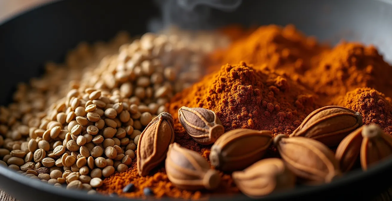 Makroaufnahme von gerösteten ganzen Gewürzen in einer Pfanne mit aufsteigendem Aroma