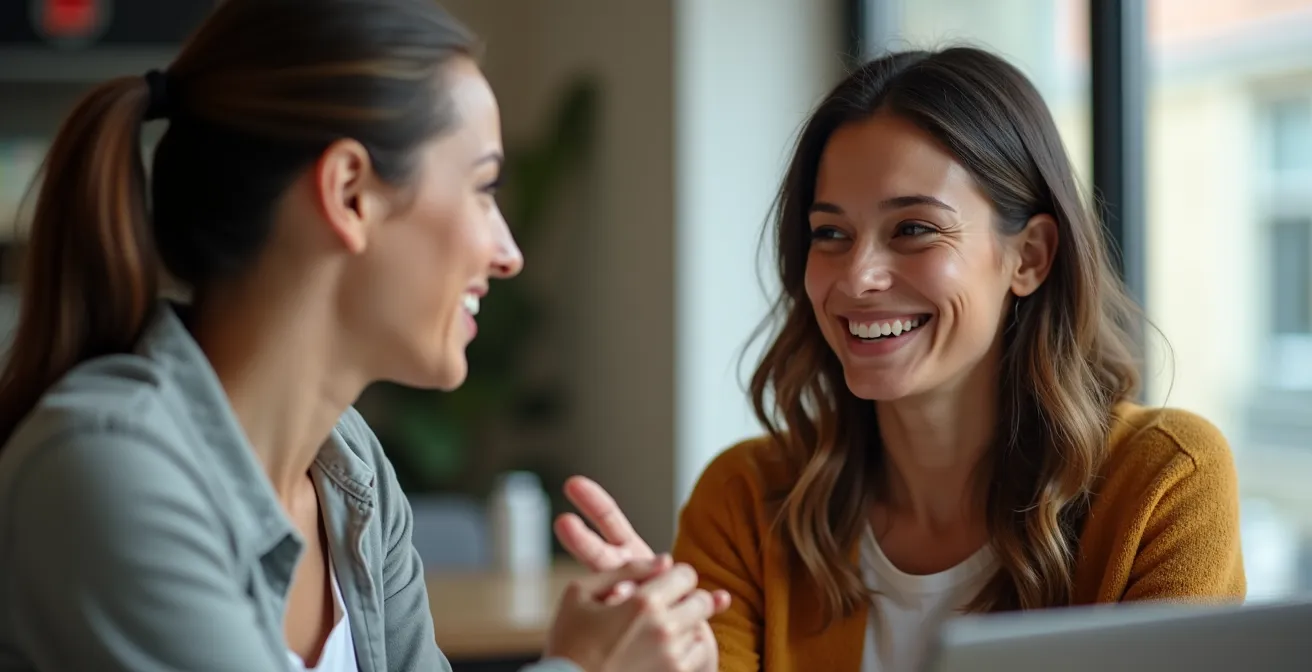 Zwei Personen im respektvollen Gespräch mit offener Körperhaltung, die eine Grenze andeuten