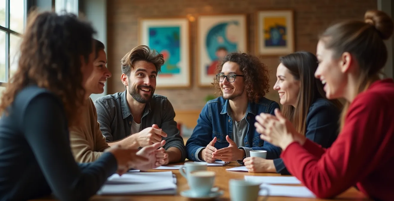 Menschen verschiedener Generationen in lebhafter Diskussion im gemütlichen Kulturcafé