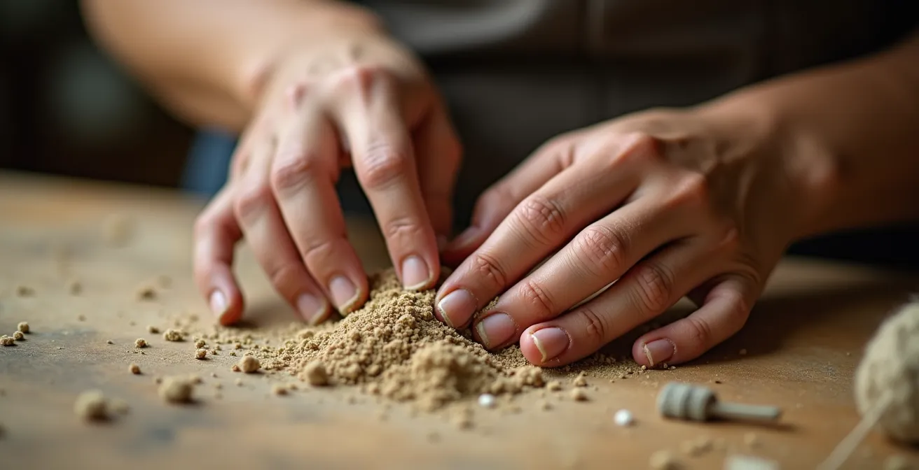 Nahaufnahme von Händen beim achtsamen Arbeiten mit natürlichem Material