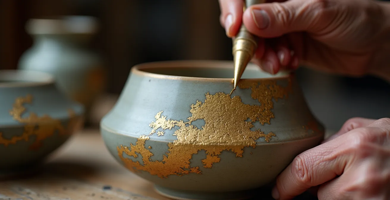 Nahaufnahme von Händen beim Reparieren eines Gegenstandes mit goldenen Verbindungen